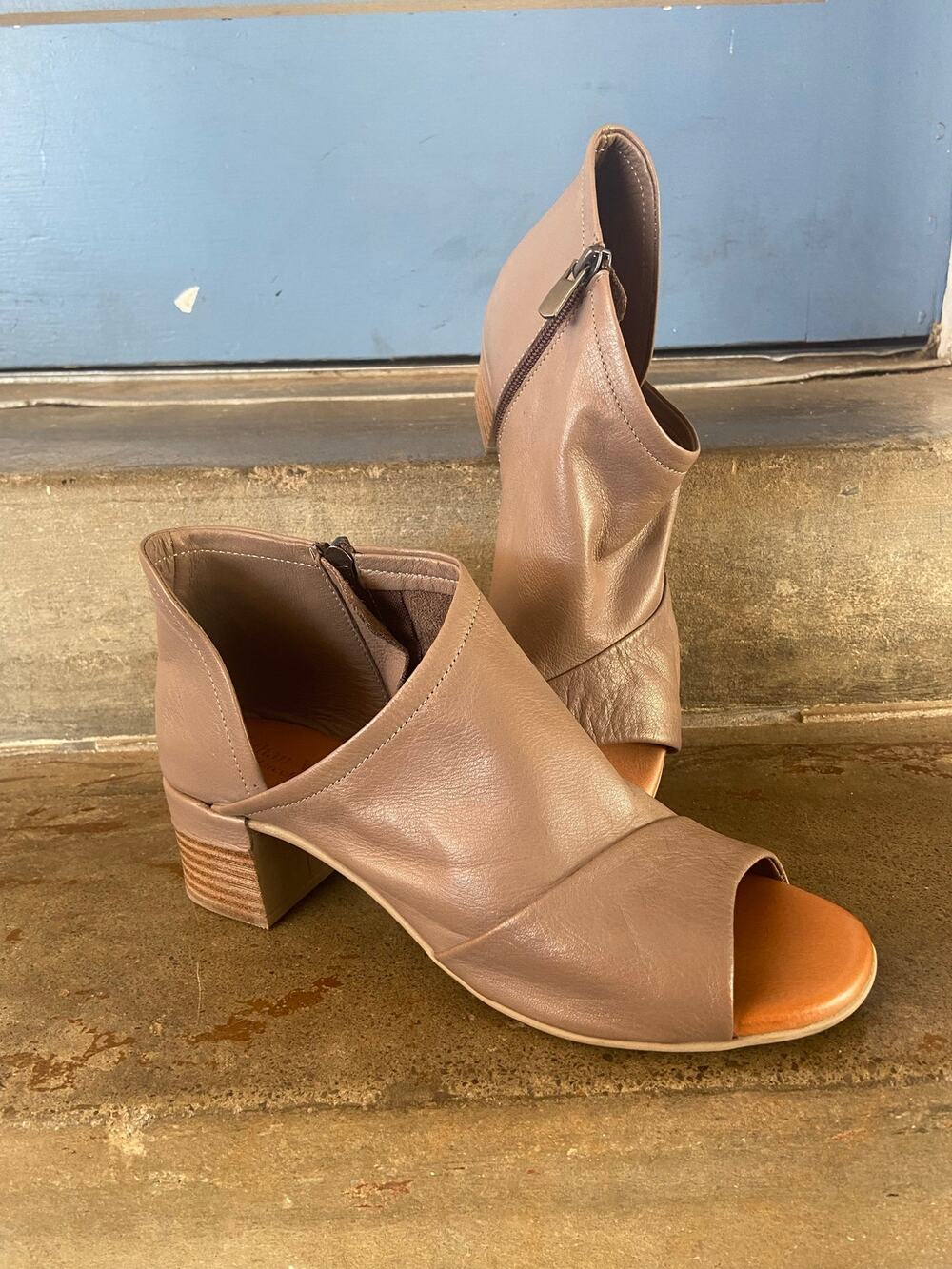 Ethan Valdes Gwen taupe leather high wrap sandal with zipper entry and cut out